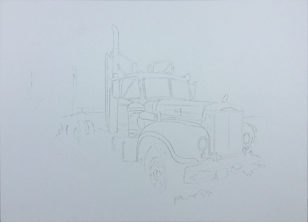 watercolor sketch of logging truck